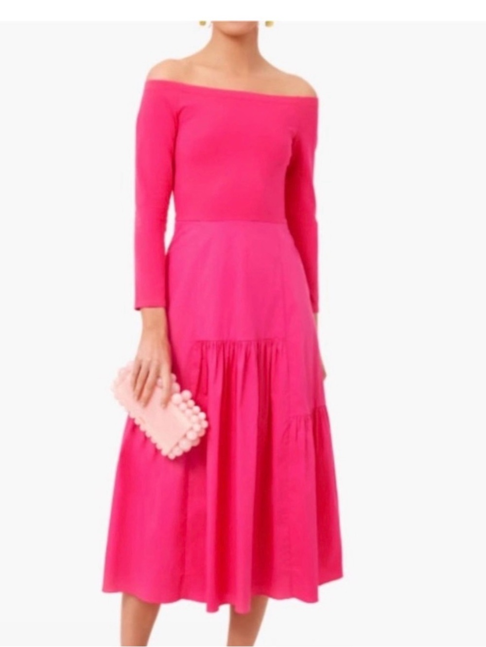 Tuckernuck Bright Pink Off-the-Shoulder Tiered Midi Dress